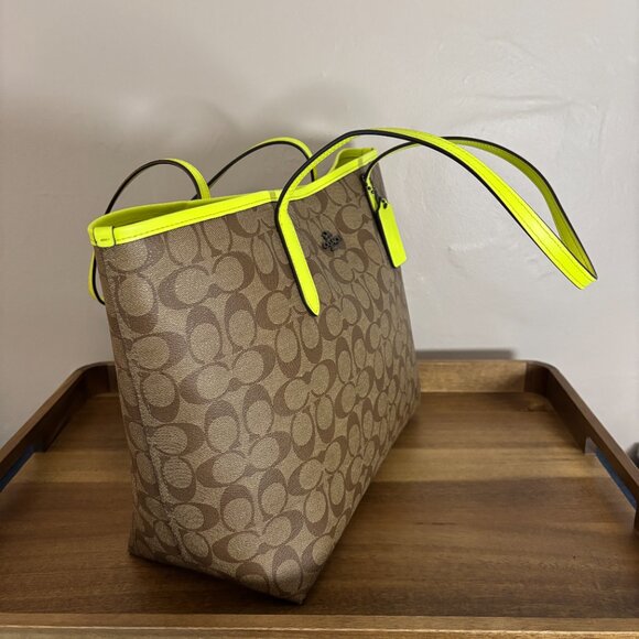 Coach Brown Signature Canvas Neon Lime Green Neon Glo Yellow City Tote - Picture 2 of 10